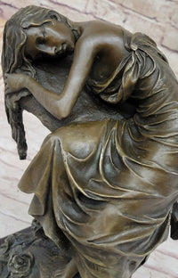 Signed Naked Lady Resting Bronze Sculpture Marble Base Figure