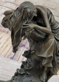 Signed Naked Lady Resting Bronze Sculpture Marble Base Figure