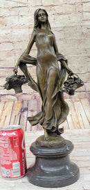 Real Bronze Farmer Girl W/Flower Basket Fall Harvest Art