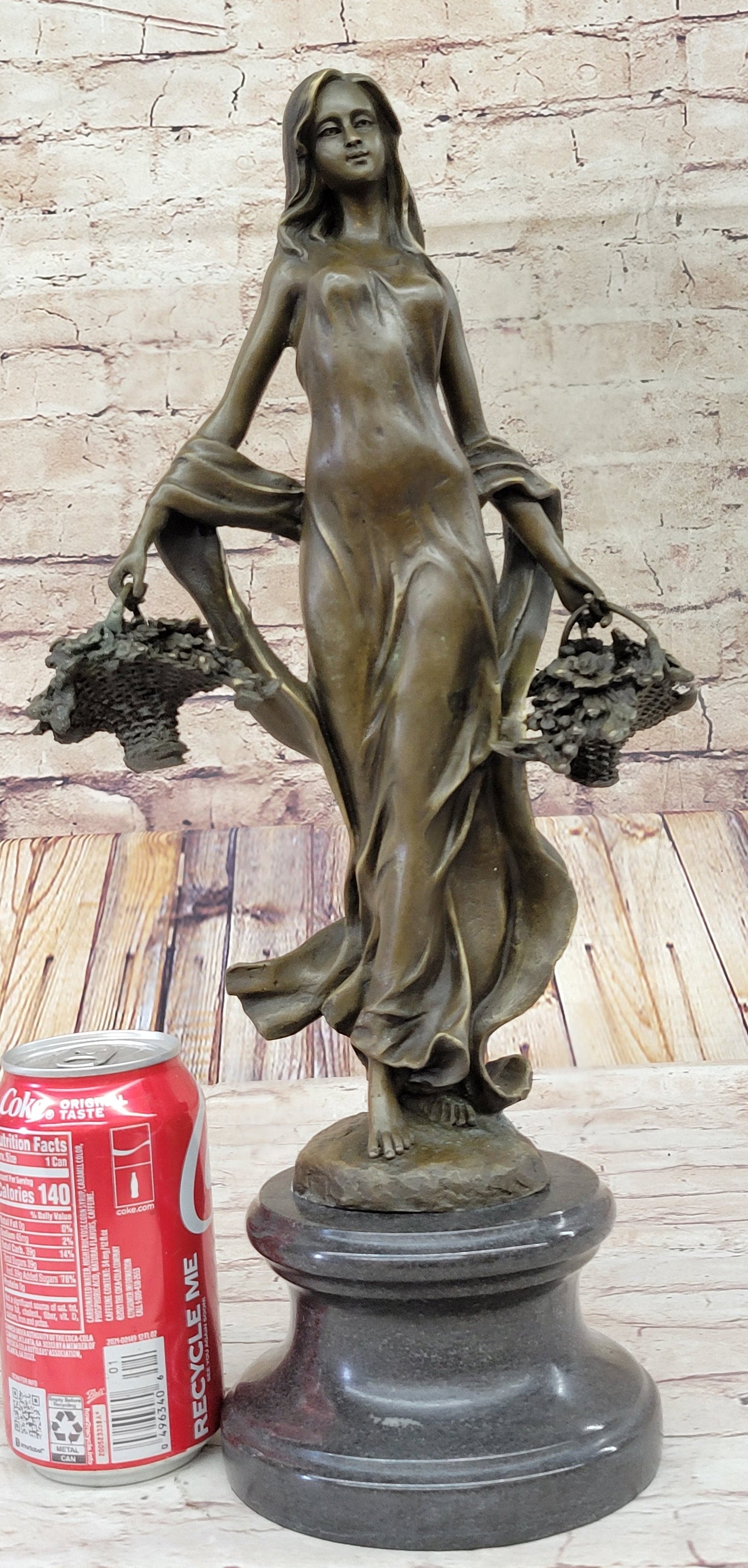 Real Bronze Farmer Girl W/Flower Basket Fall Harvest Art