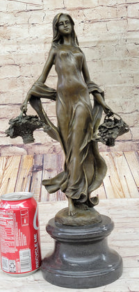 Real Bronze Farmer Girl W/Flower Basket Fall Harvest Art
