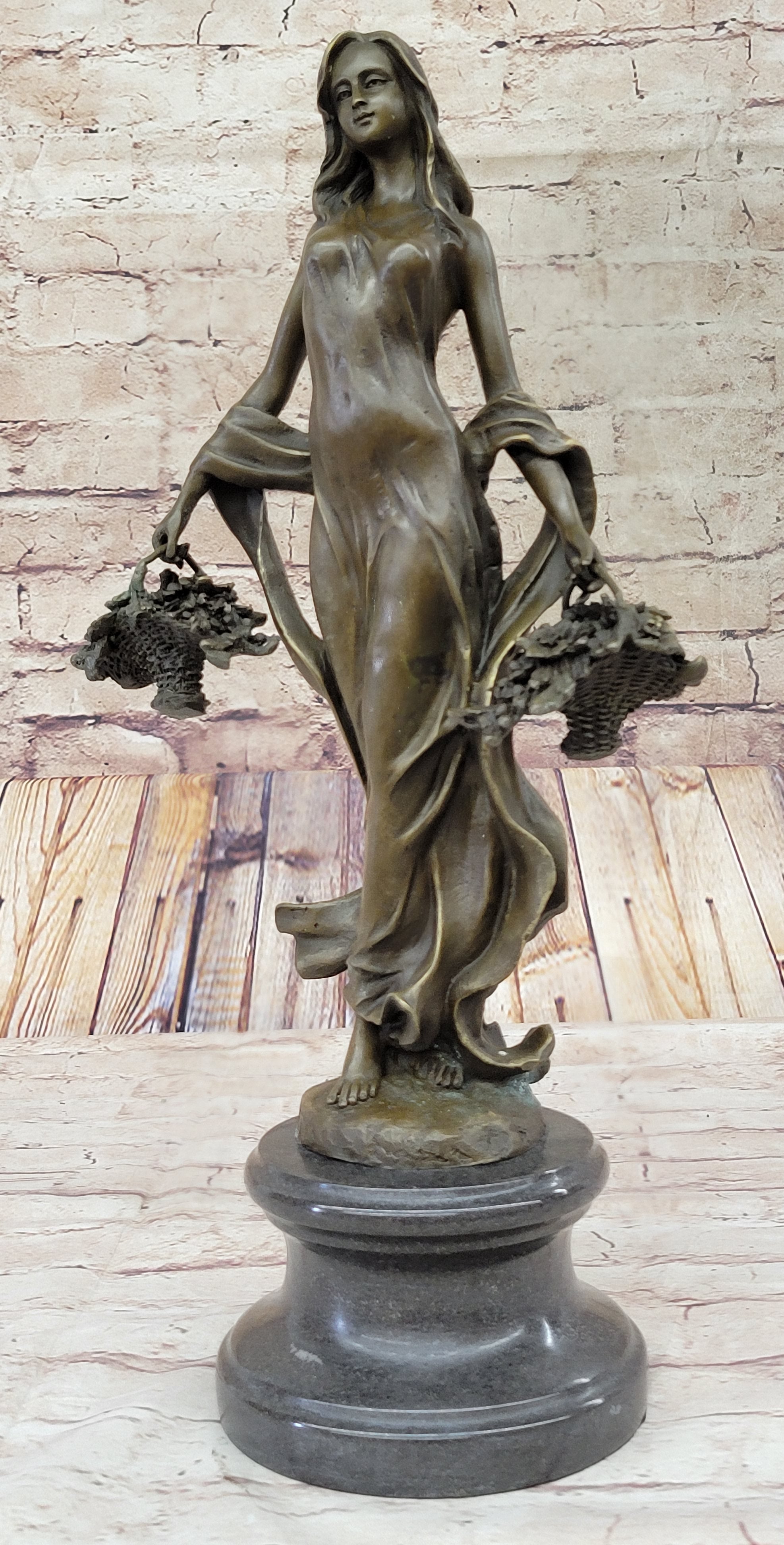 Real Bronze Farmer Girl W/Flower Basket Fall Harvest Art