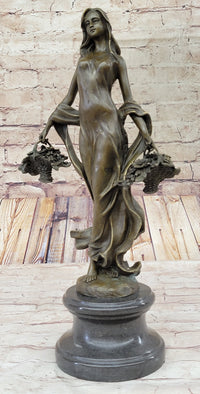 Real Bronze Farmer Girl W/Flower Basket Fall Harvest Art