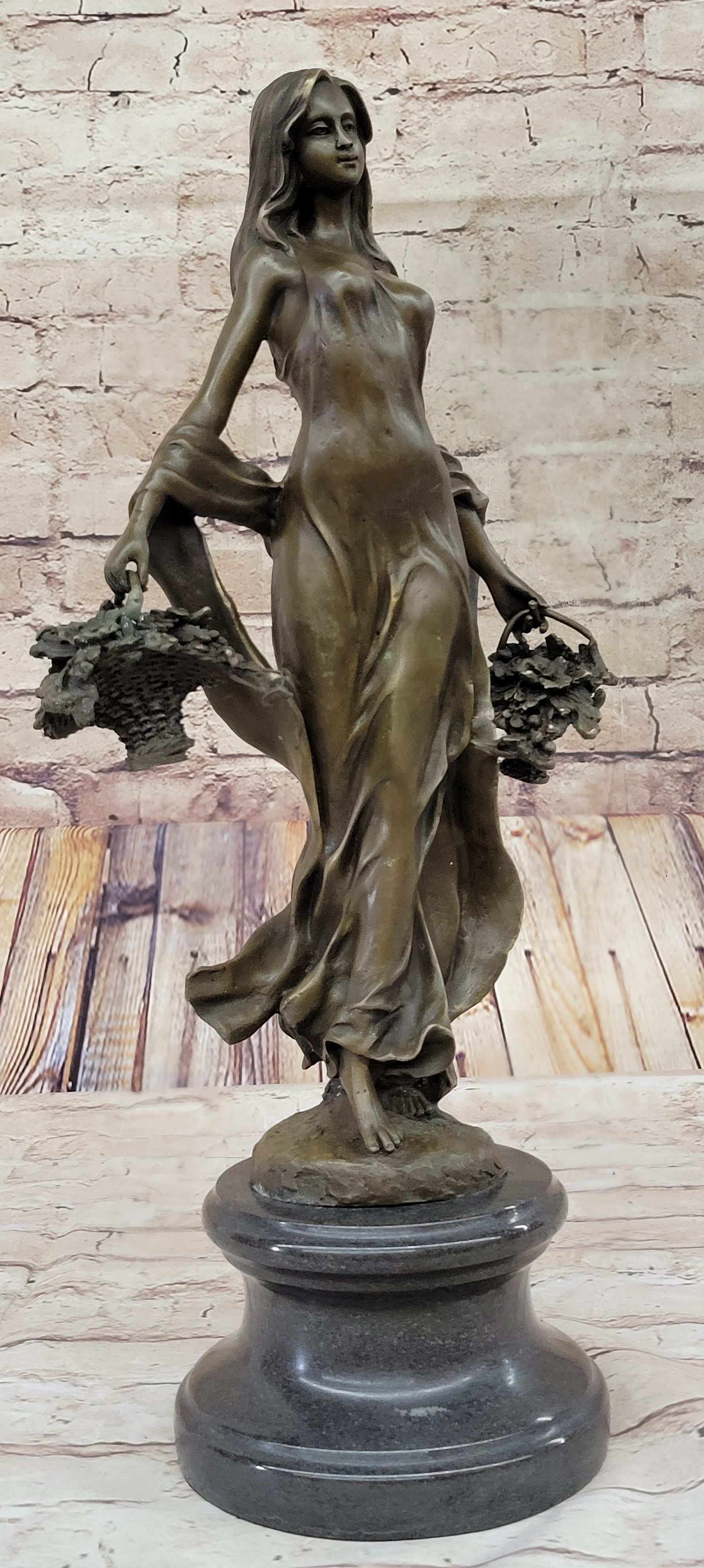 Real Bronze Farmer Girl W/Flower Basket Fall Harvest Art