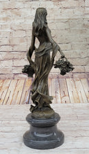 Real Bronze Farmer Girl W/Flower Basket Fall Harvest Art