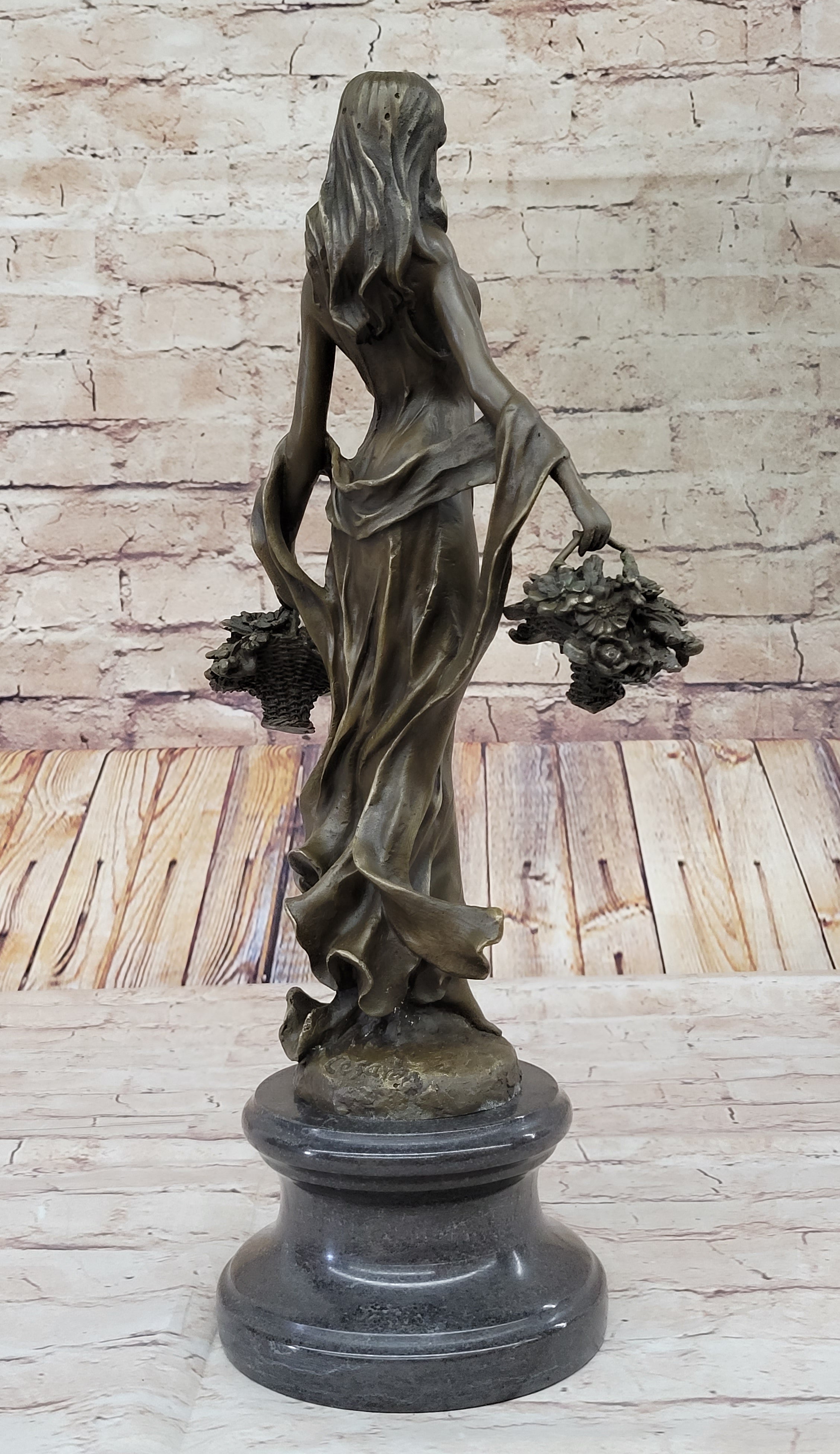Real Bronze Farmer Girl W/Flower Basket Fall Harvest Art