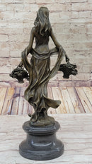 Real Bronze Farmer Girl W/Flower Basket Fall Harvest Art