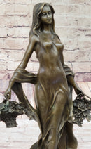 Real Bronze Farmer Girl W/Flower Basket Fall Harvest Art