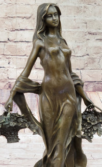 Real Bronze Farmer Girl W/Flower Basket Fall Harvest Art