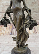 Real Bronze Farmer Girl W/Flower Basket Fall Harvest Art
