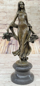 Real Bronze Farmer Girl W/Flower Basket Fall Harvest Art
