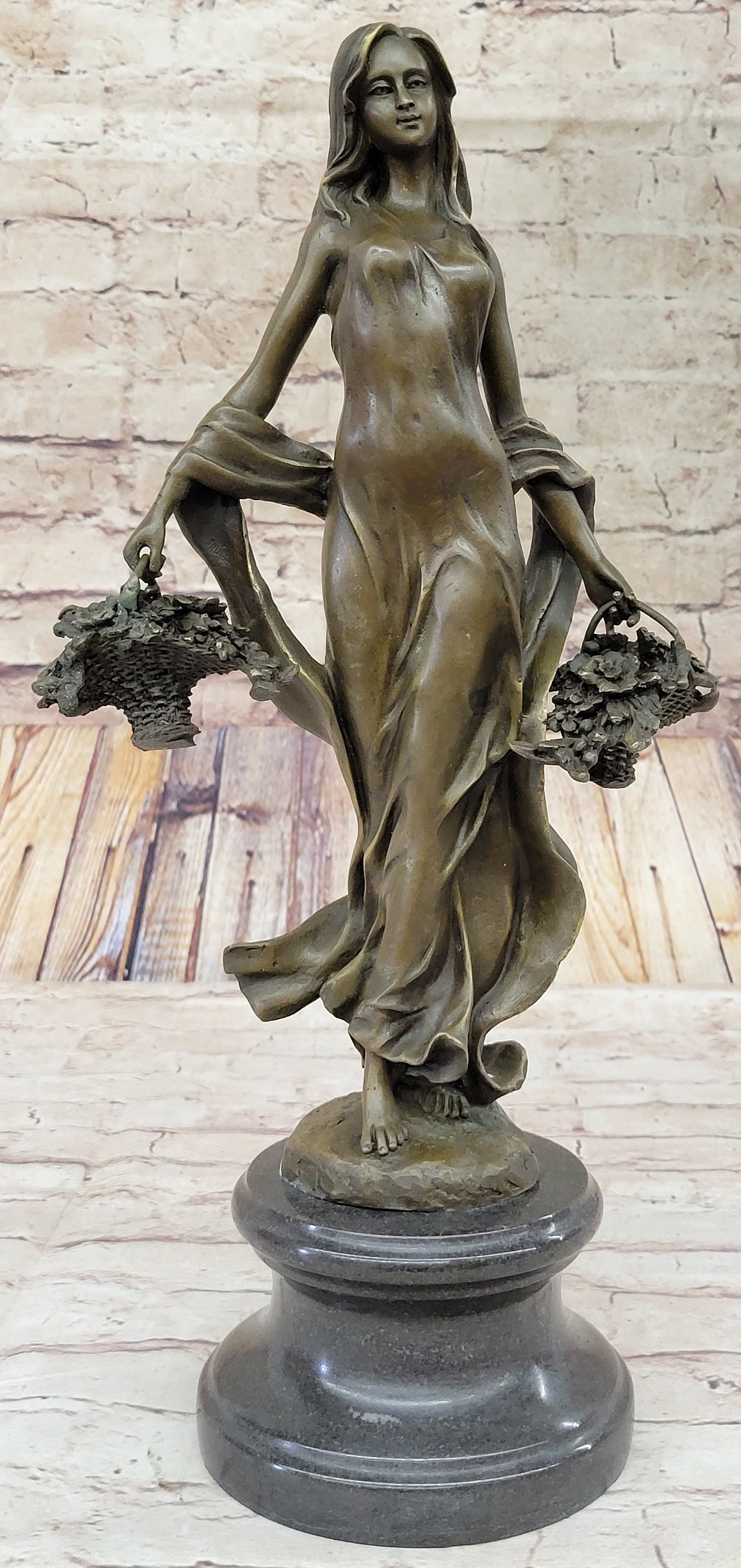 Real Bronze Farmer Girl W/Flower Basket Fall Harvest Art