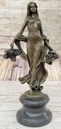 Real Bronze Farmer Girl W/Flower Basket Fall Harvest Art