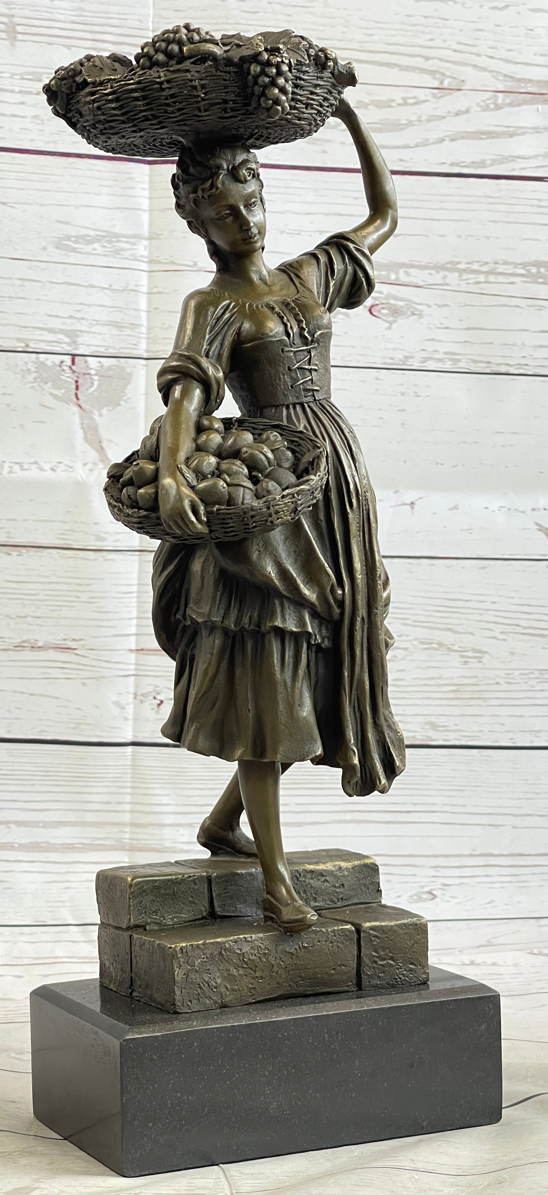 Farmer Girl Carrying Basket of Fruits Bronze 15.5" x 6"