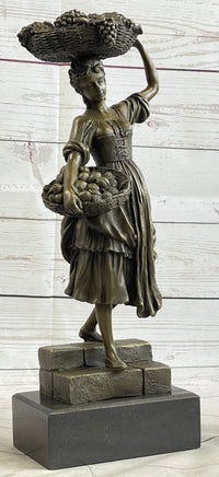Farmer Girl Carrying Basket of Fruits Bronze 15.5" x 6"
