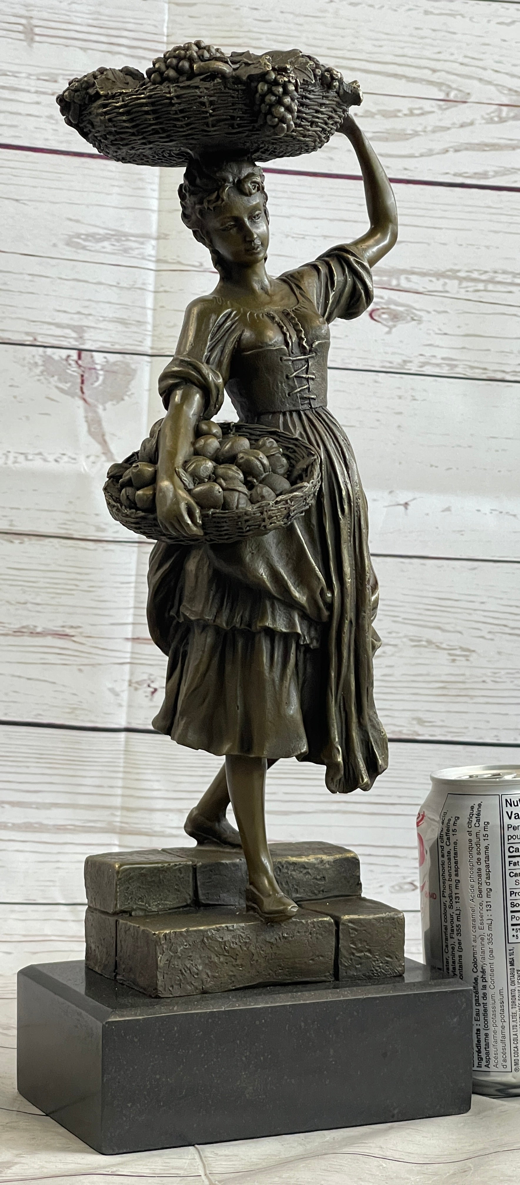 Farmer Girl Carrying Basket of Fruits Bronze 15.5" x 6"