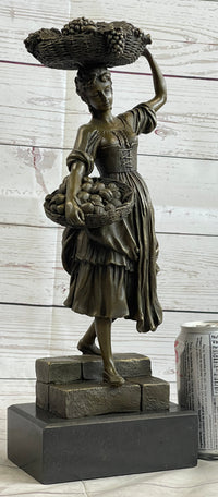 Farmer Girl Carrying Basket of Fruits Bronze 15.5" x 6"