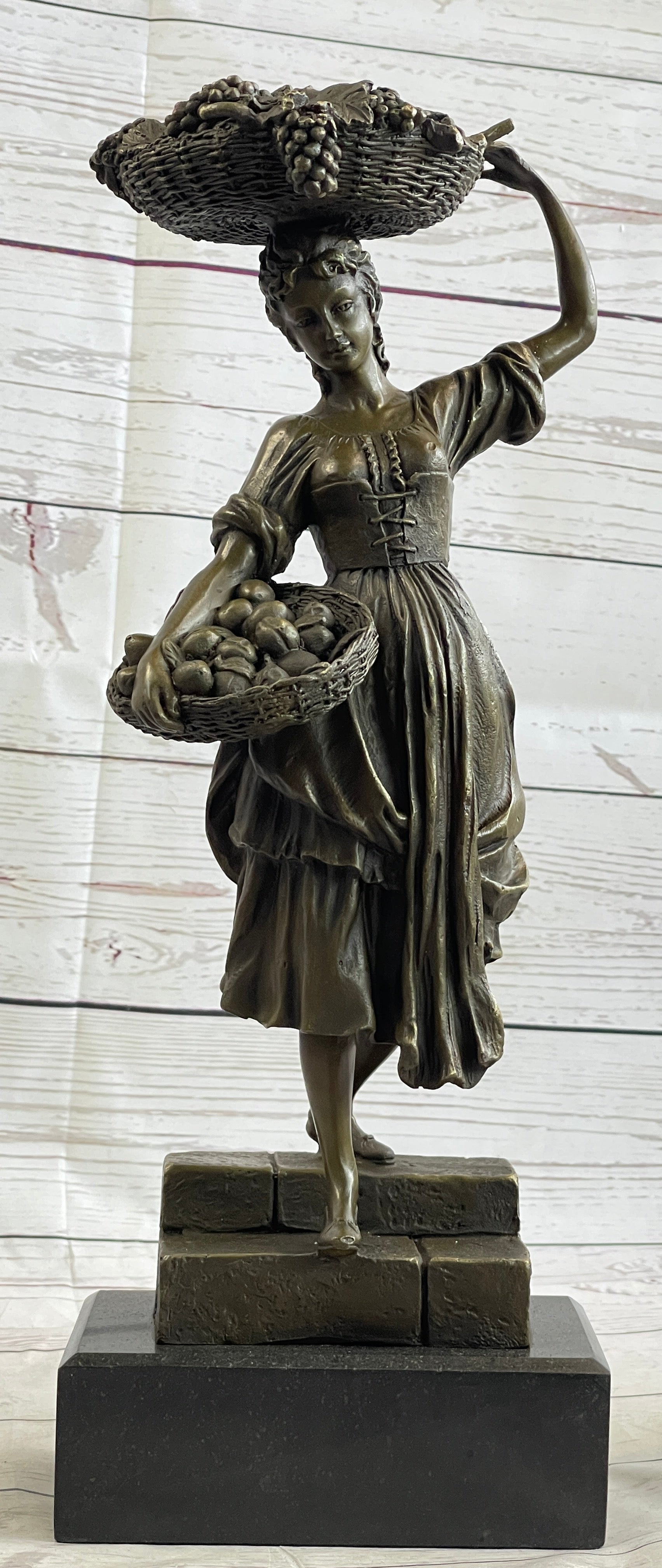 Farmer Girl Carrying Basket of Fruits Bronze 15.5" x 6"