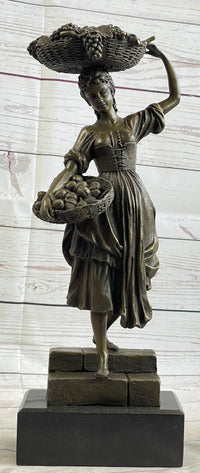 Farmer Girl Carrying Basket of Fruits Bronze 15.5" x 6"