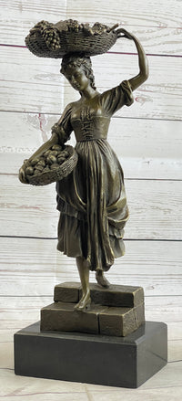 Farmer Girl Carrying Basket of Fruits Bronze 15.5" x 6"