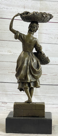 Farmer Girl Carrying Basket of Fruits Bronze 15.5" x 6"