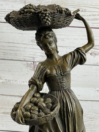 Farmer Girl Carrying Basket of Fruits Bronze 15.5" x 6"