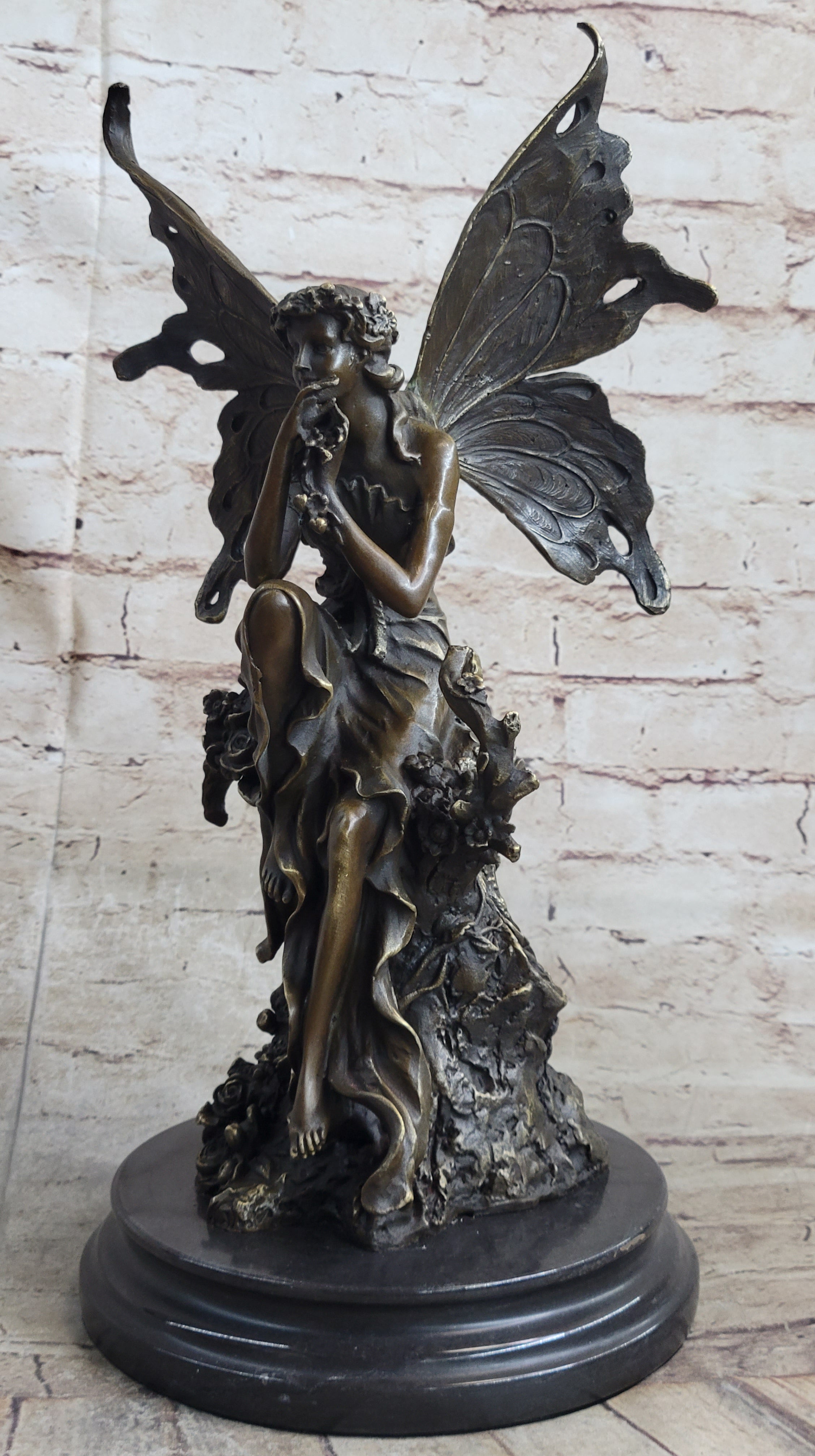Signed Sexy Fairy with Wing Bronze Art Nouveau Sculpture
