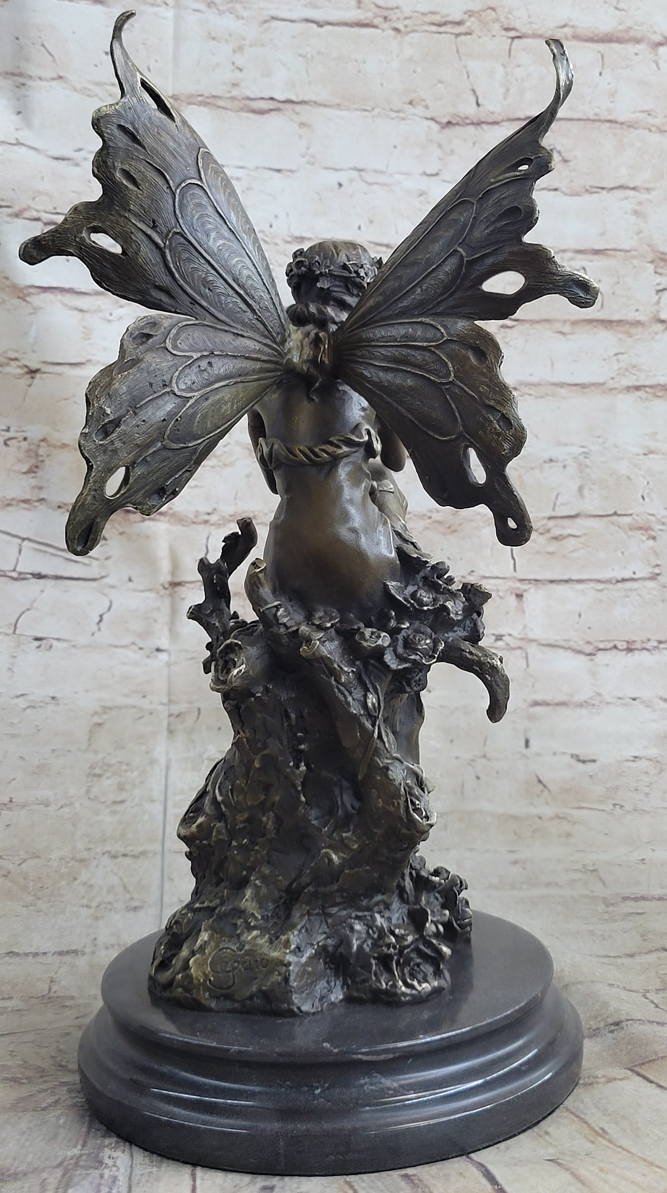 Signed Sexy Fairy with Wing Bronze Art Nouveau Sculpture