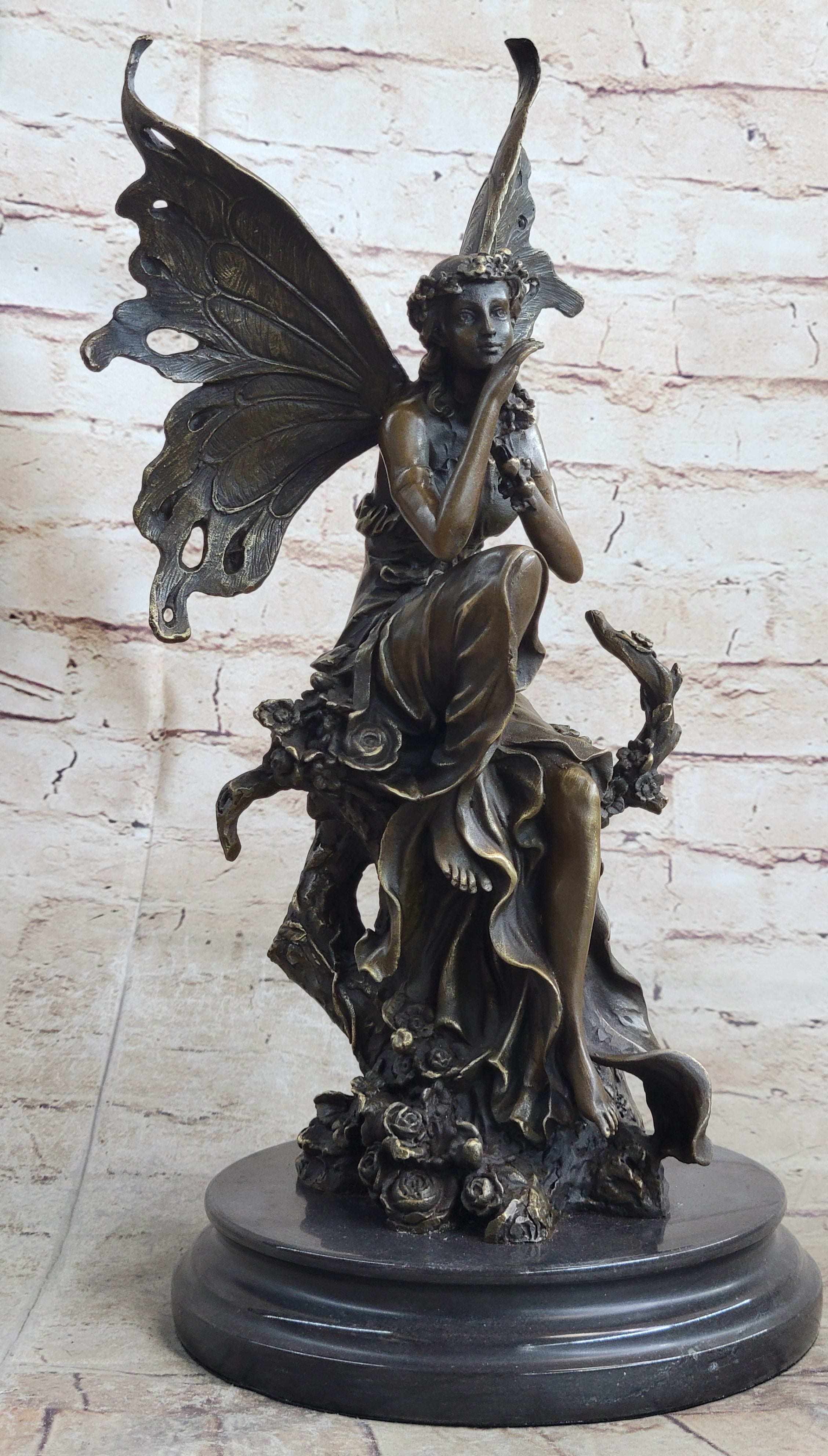 Signed Sexy Fairy with Wing Bronze Art Nouveau Sculpture