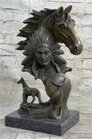 Native American Indian Bust w/ Horses Bronze Sculpture