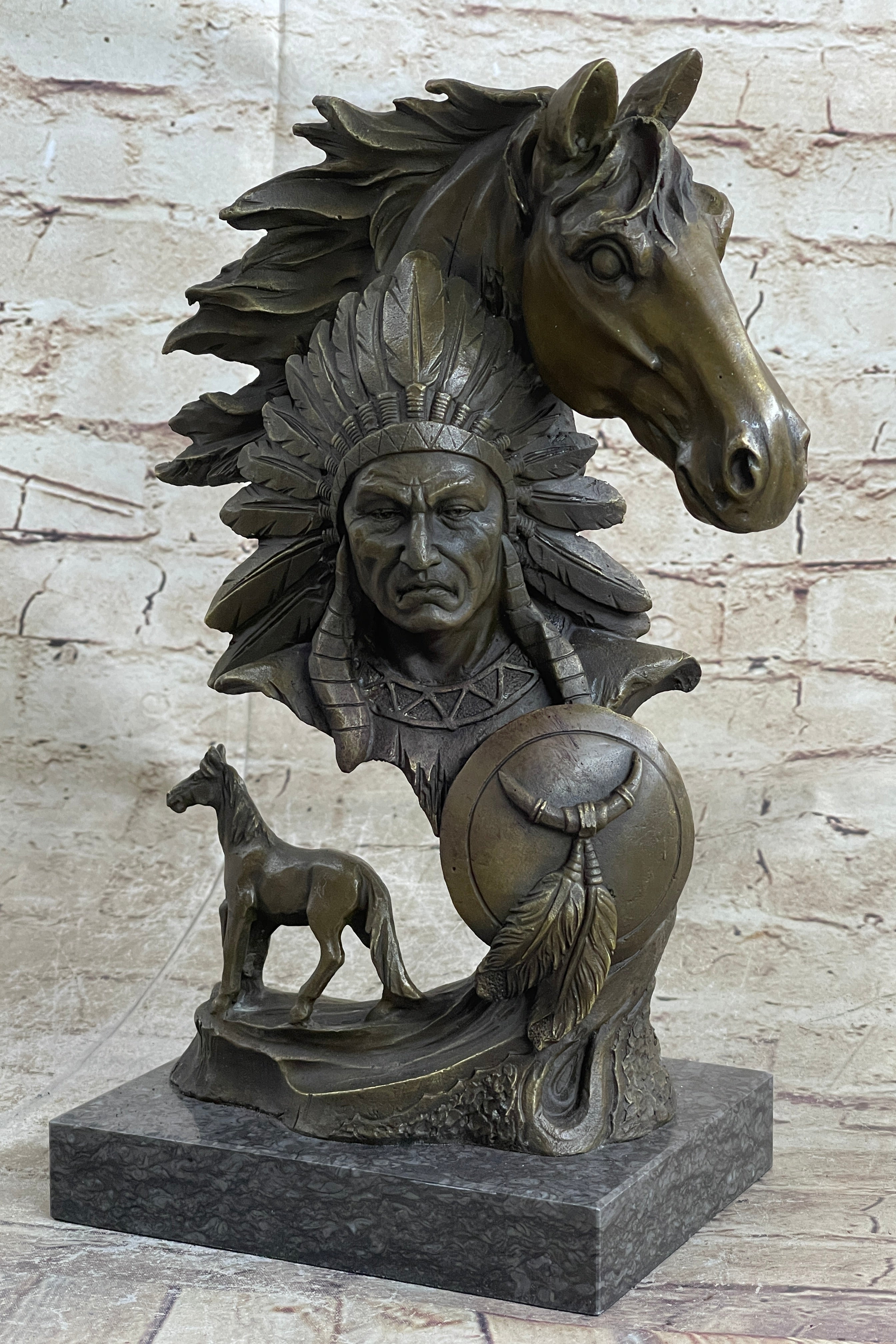 Native American Indian Bust w/ Horses Bronze Sculpture
