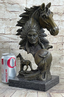 Native American Indian Bust w/ Horses Bronze Sculpture
