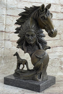 Native American Indian Bust w/ Horses Bronze Sculpture