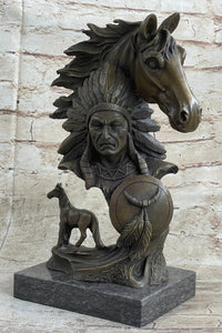 Native American Indian Bust w/ Horses Bronze Sculpture