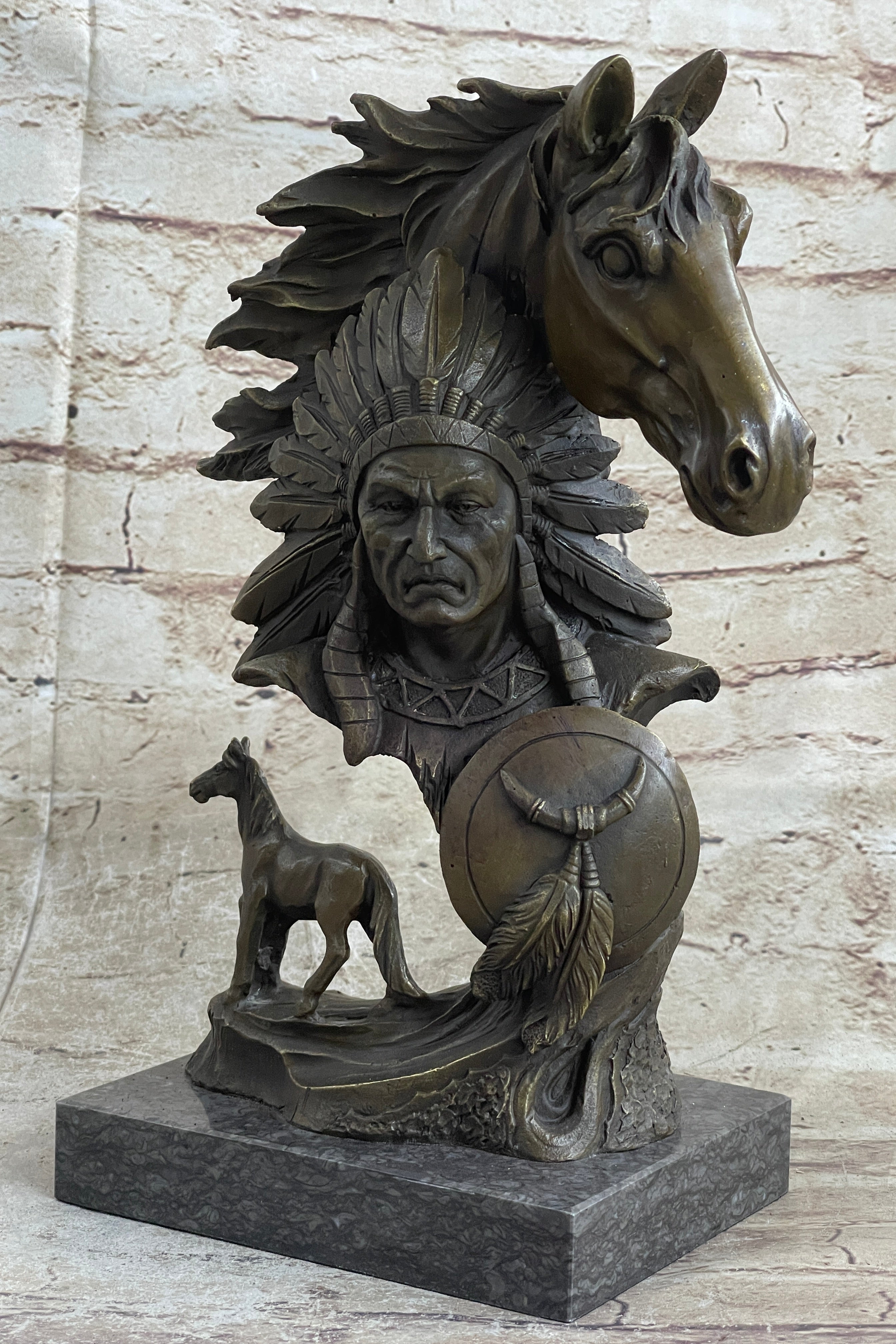 Native American Indian Bust w/ Horses Bronze Sculpture