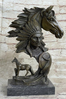 Native American Indian Bust w/ Horses Bronze Sculpture