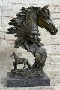 Native American Indian Bust w/ Horses Bronze Sculpture