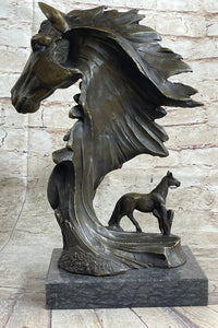 Native American Indian Bust w/ Horses Bronze Sculpture