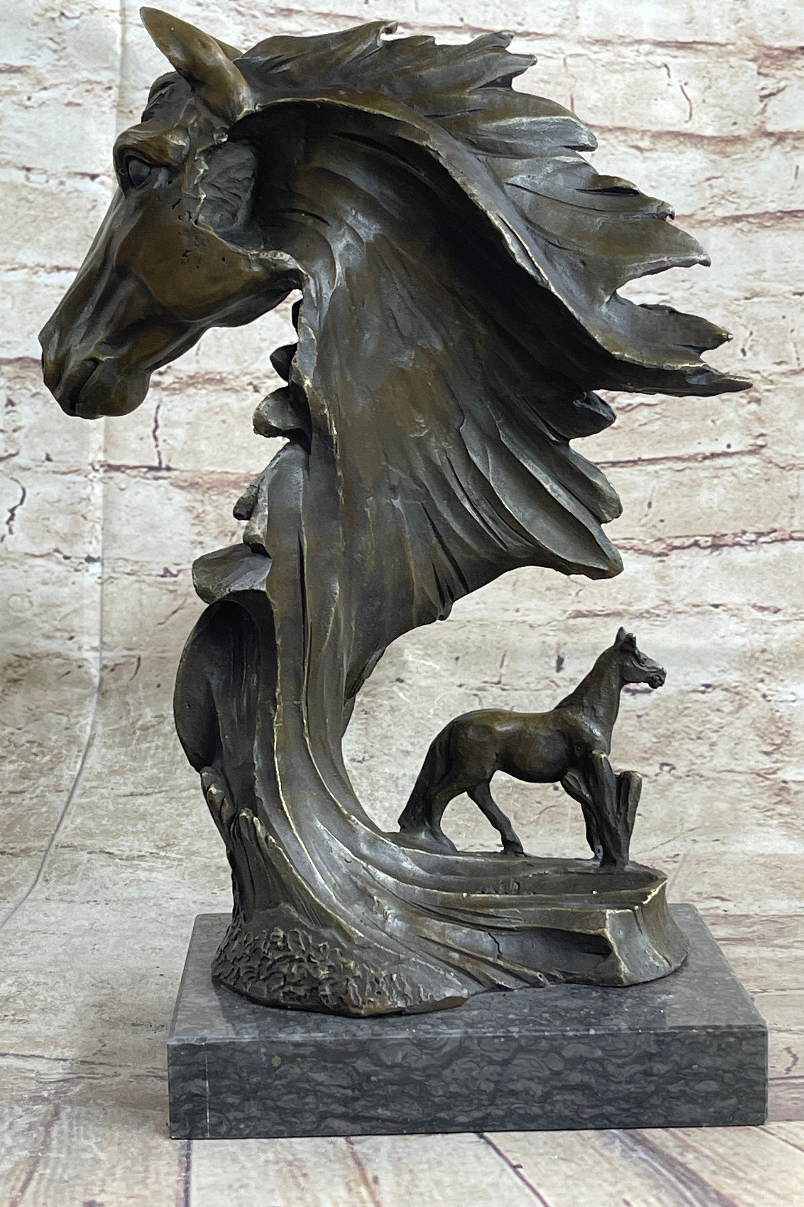 Native American Indian Bust w/ Horses Bronze Sculpture