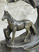 Native American Indian Bust w/ Horses Bronze Sculpture