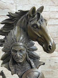 Native American Indian Bust w/ Horses Bronze Sculpture