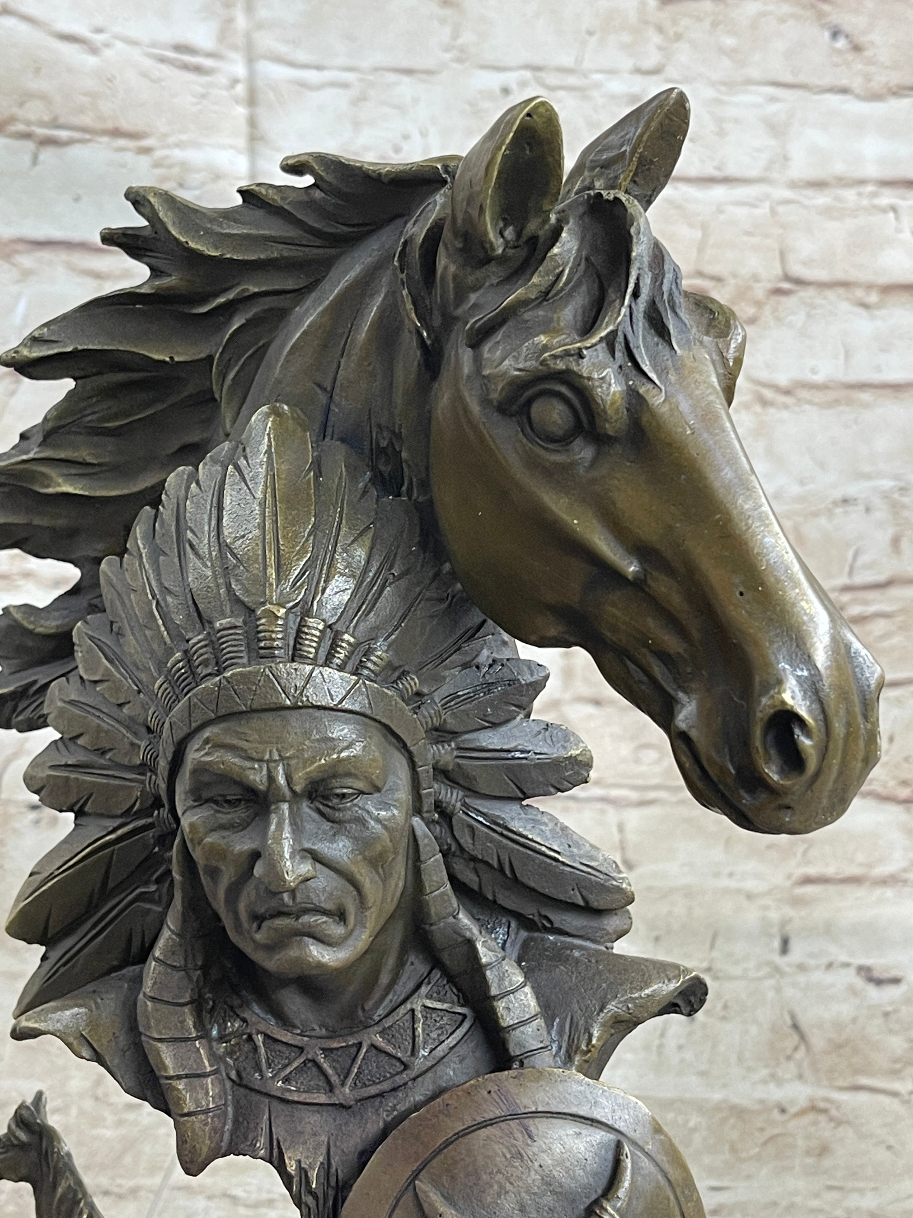 Native American Indian Bust w/ Horses Bronze Sculpture