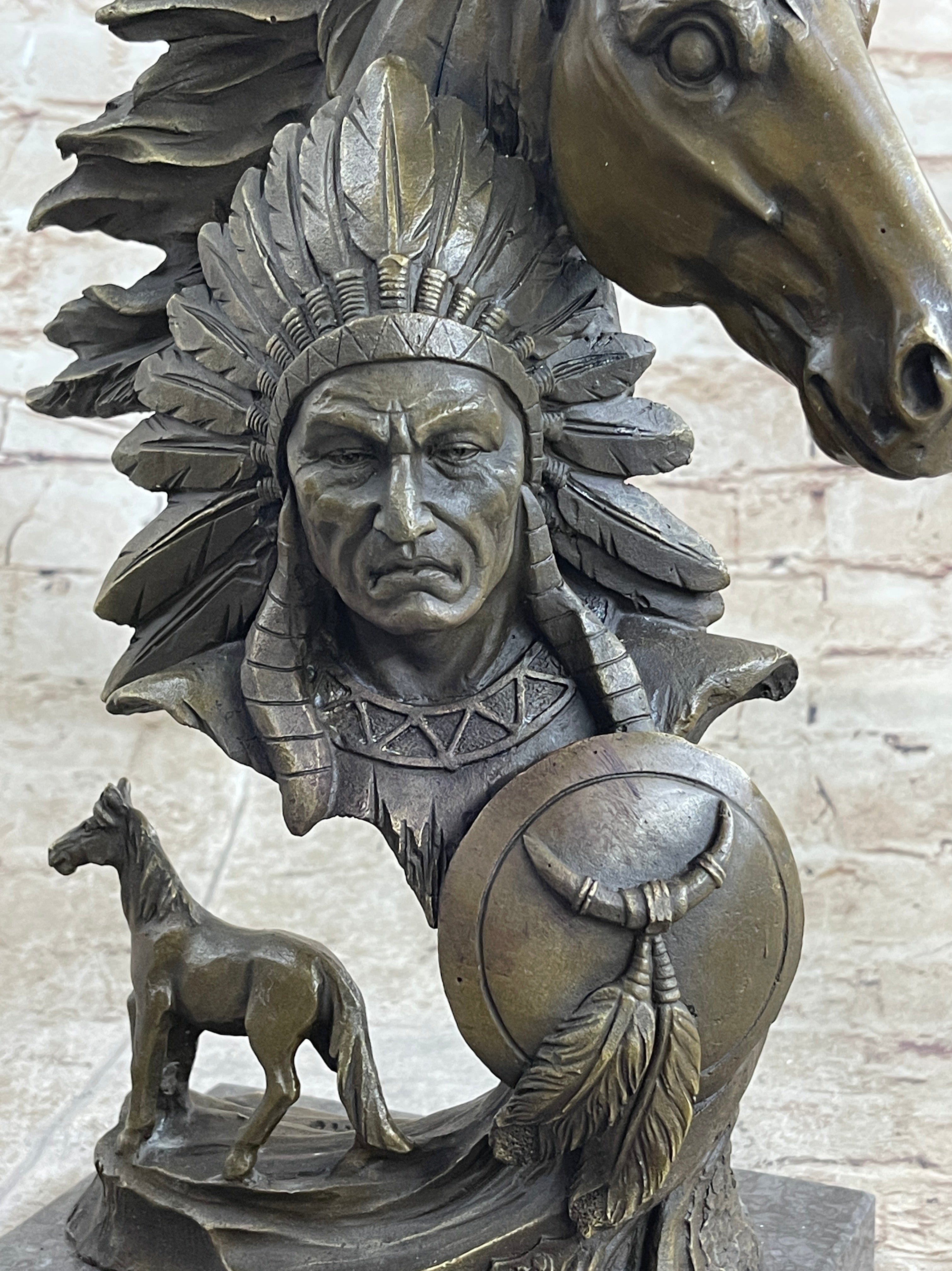 Native American Indian Bust w/ Horses Bronze Sculpture