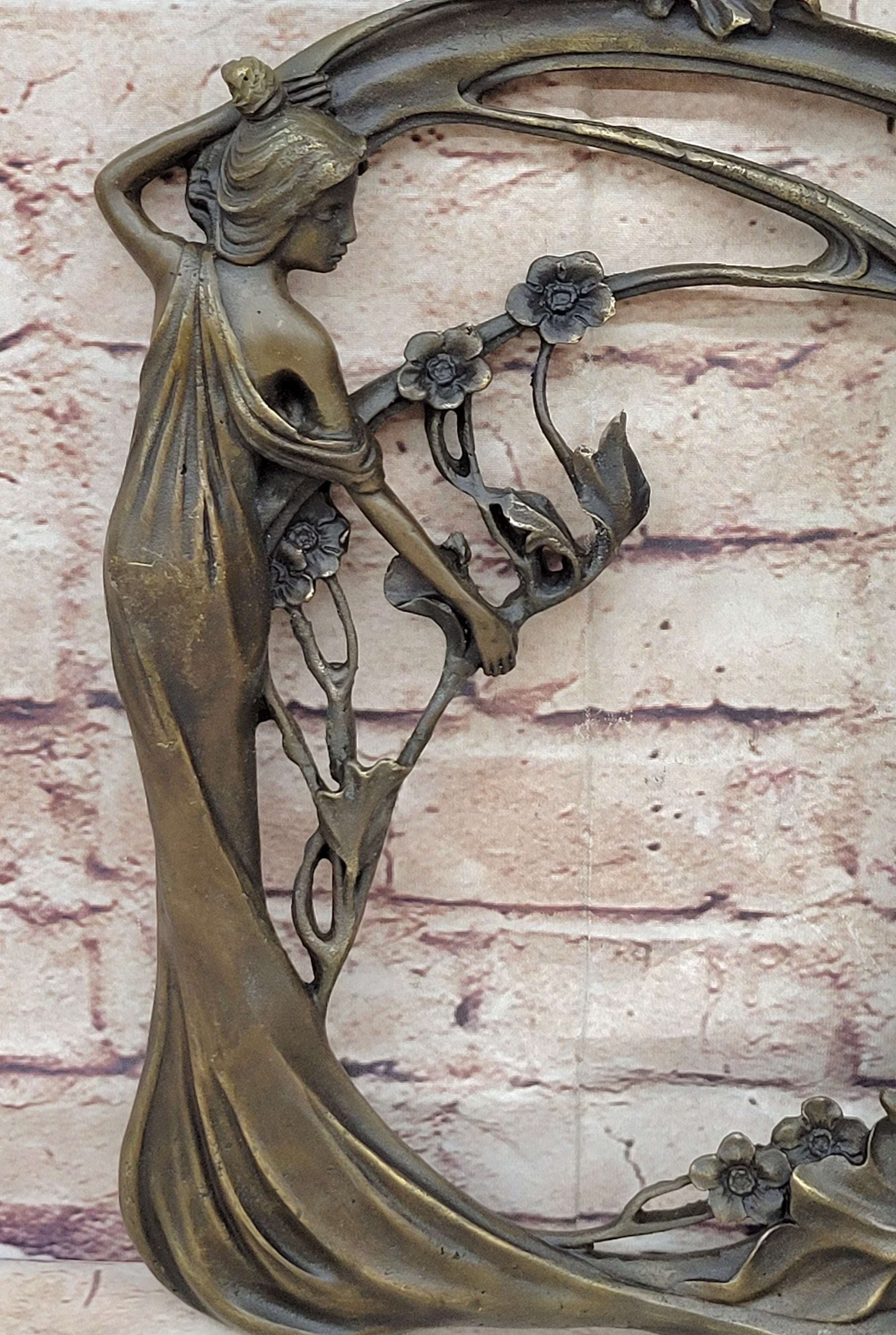 Bronze Metal Wall Art Frame Sculpture of Woman w/ Flowers
