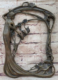 Bronze Metal Wall Art Frame Sculpture of Woman w/ Flowers