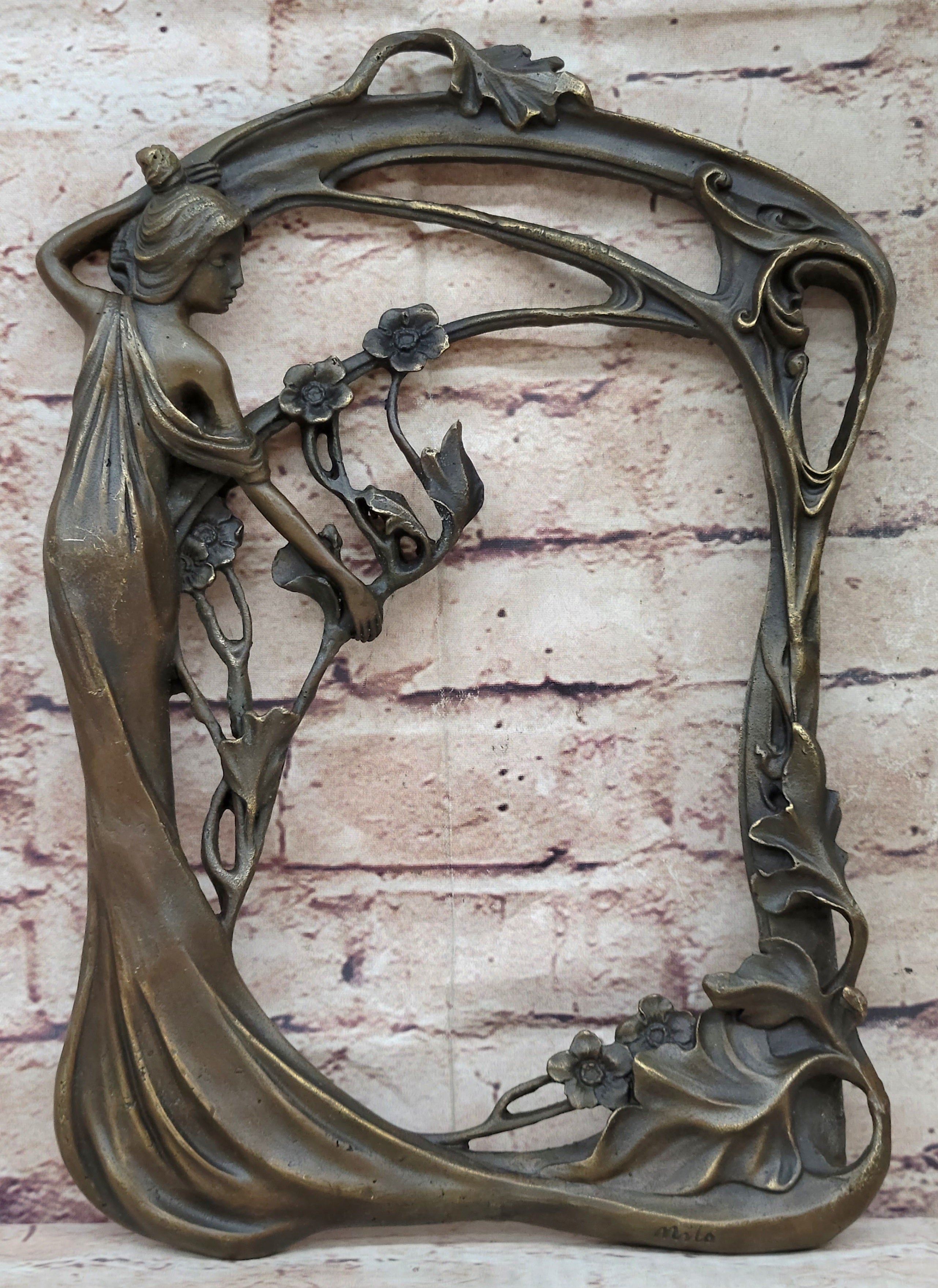 Bronze Metal Wall Art Frame Sculpture of Woman w/ Flowers