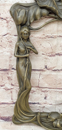 Bronze Picture Frame Sculpture Female & Lily Orchid Flowers