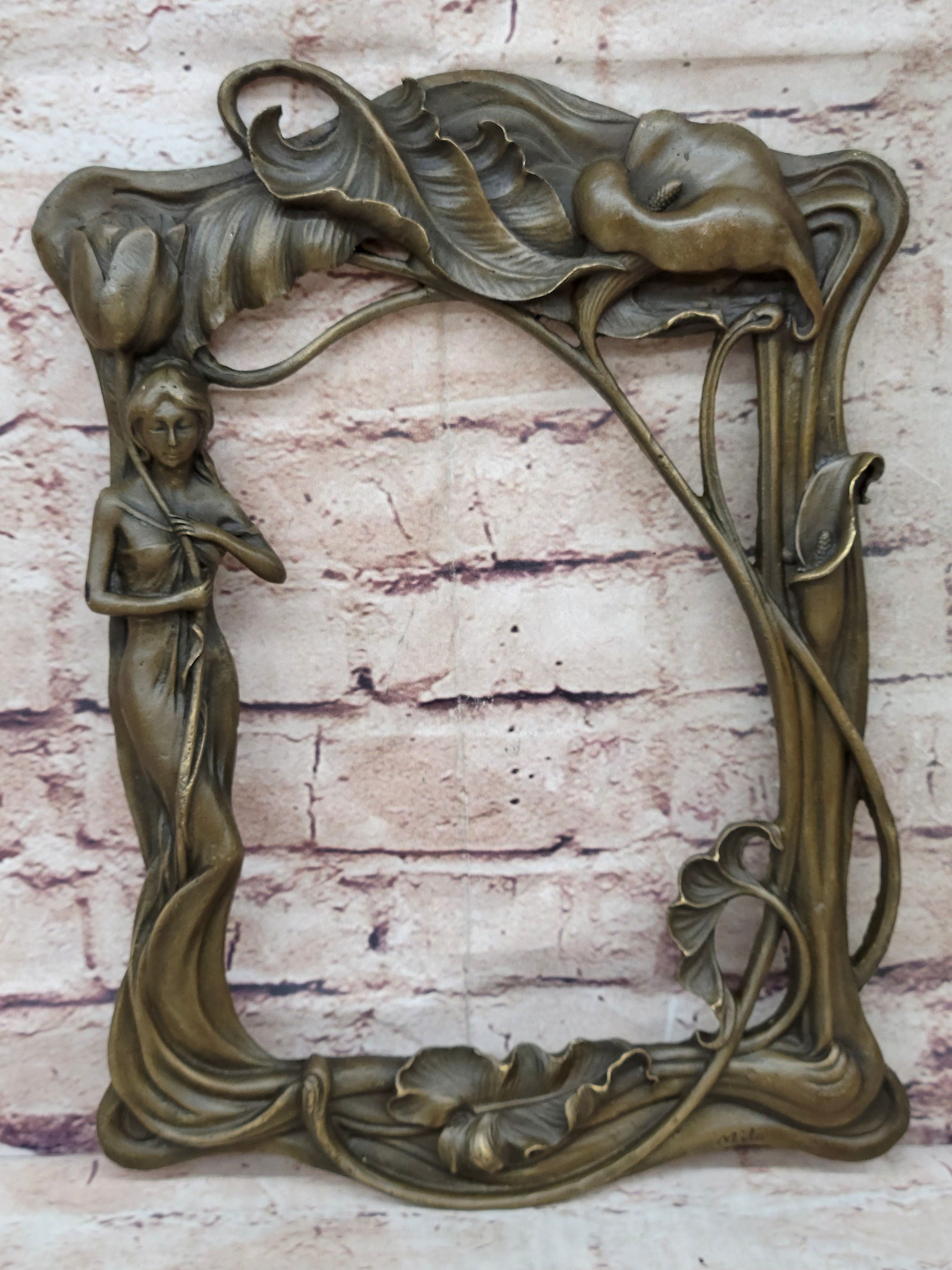 Bronze Picture Frame Sculpture Female & Lily Orchid Flowers