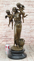 Signed Moreau Young Lady With Two Angels Bronze Sculpture