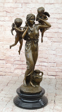 Signed Moreau Young Lady With Two Angels Bronze Sculpture